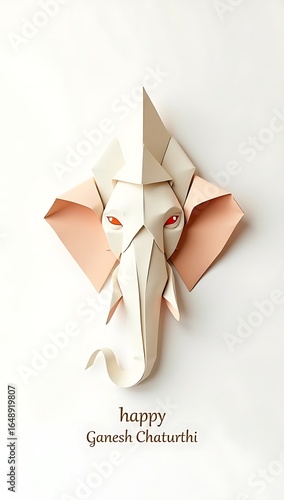 Paper fold origami style Ganesha in shades of white, gold, and peach, clean background with “Happy Ganesh Chaturthi” in minimal sans-serif text.
