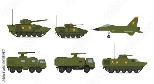 Military vehicles and aircraft set featuring tanks, trucks, and fighter jet