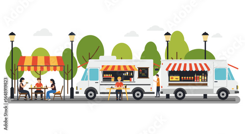 Food trucks in park setting with people enjoying outdoor dining under colorful awnings