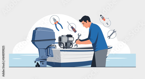 Boater Repairing Outboard Engine Illustrated Boat Maintenance And Troubleshooting
