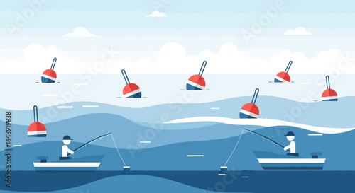 Calm Waters Fishermen Silhouette Vector Art Flat Design Illustration