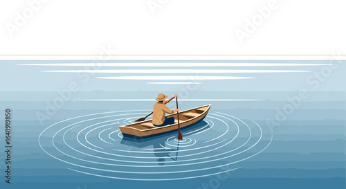 Calm Waters Man Rowing Peaceful Lake Solitude Serene Activity Illustration