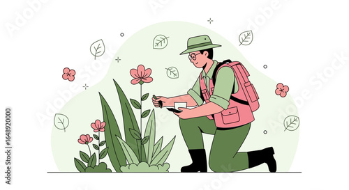 Botanist Inspecting Flowers In Nature With Backpack Vector Illustration