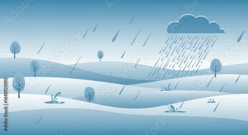 Calming Monotone Landscape Featuring Winter Rain And Minimalist Trees