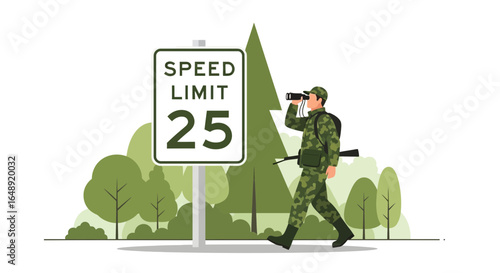 Camouflaged Observer Using Binoculars Near Roadside Speed Restriction Signage