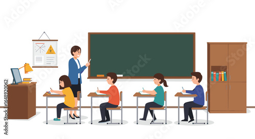 Classroom learning scene with teacher and engaged students in flat design