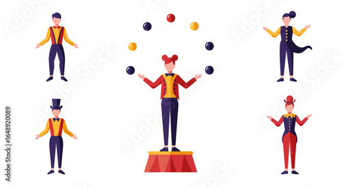 Circus performer set with jugglers and ringmasters in flat design style