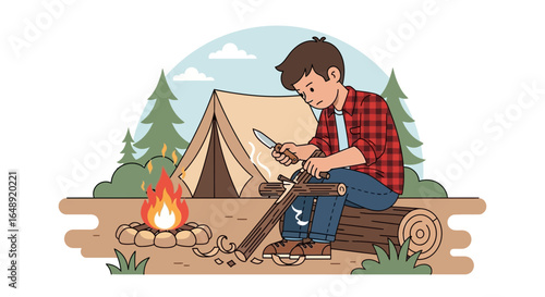 Boy Carving Wood By Campfire During A Solo Camping Trip Adventure