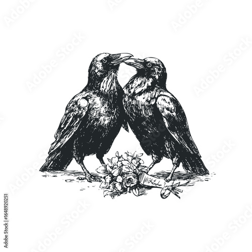 Two Ravens Nuzzle Near a Bouquet of Roses and Ribbon