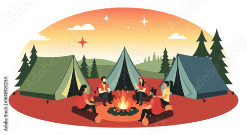 Campfire Gathering Friends Around Tents In Nature Scene