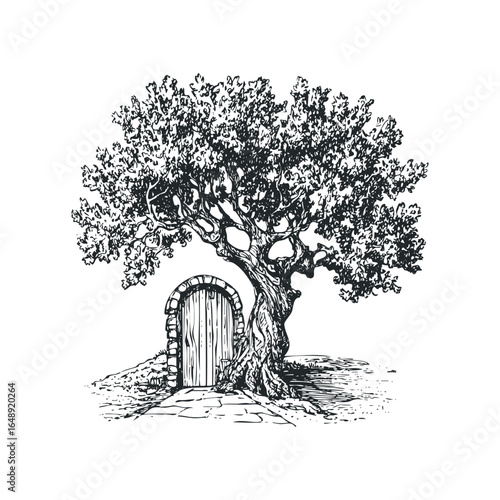 Sketch of an ancient gnarled tree with a wooden gate nestled at its base