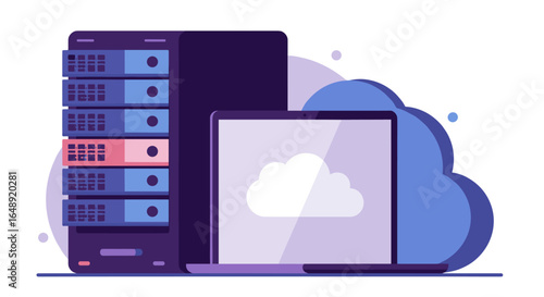 Cloud computing concept with laptop and server in modern flat design