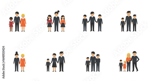 Diverse family configurations in flat style for modern design projects