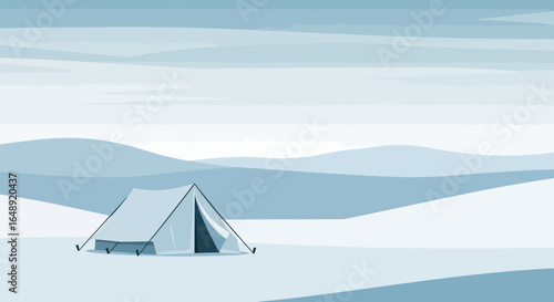 Campground Tent Among Quiet Mountains In Winter Cold And Cloudy Day
