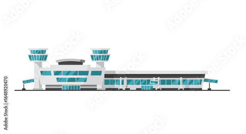 Modern airport terminal building with control towers in flat style