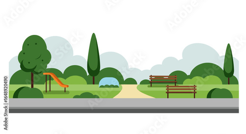 Flat design city park with playground and benches in lush greenery