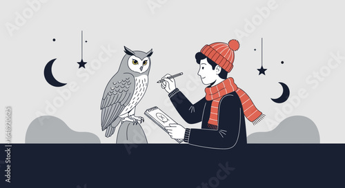 Boy Draws Owl Under Night Sky Depicting Creative Artistic Expression