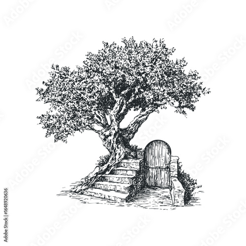 Antique tree with stone steps leading to a weathered wooden door