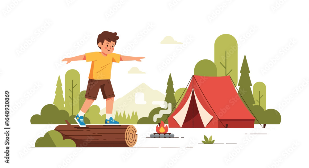 Obraz premium Boy Enjoying Outdoor Adventure Balancing On Log Near Tent And Campfire