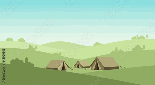 Camping adventure amidst rolling hills, a serene outdoor vector illustration capturing the essence of nature and tranquility