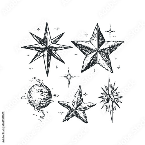 Hand Drawn Celestial Objects and Starbursts