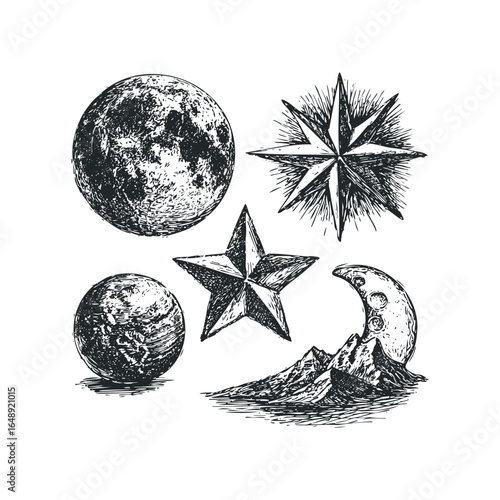 Celestial bodies and navigational star sketched in black and white
