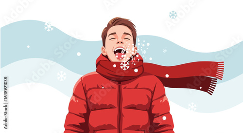 Boy Enjoys Winter Weather With Mouth Open Catching Falling Snowflakes Outside