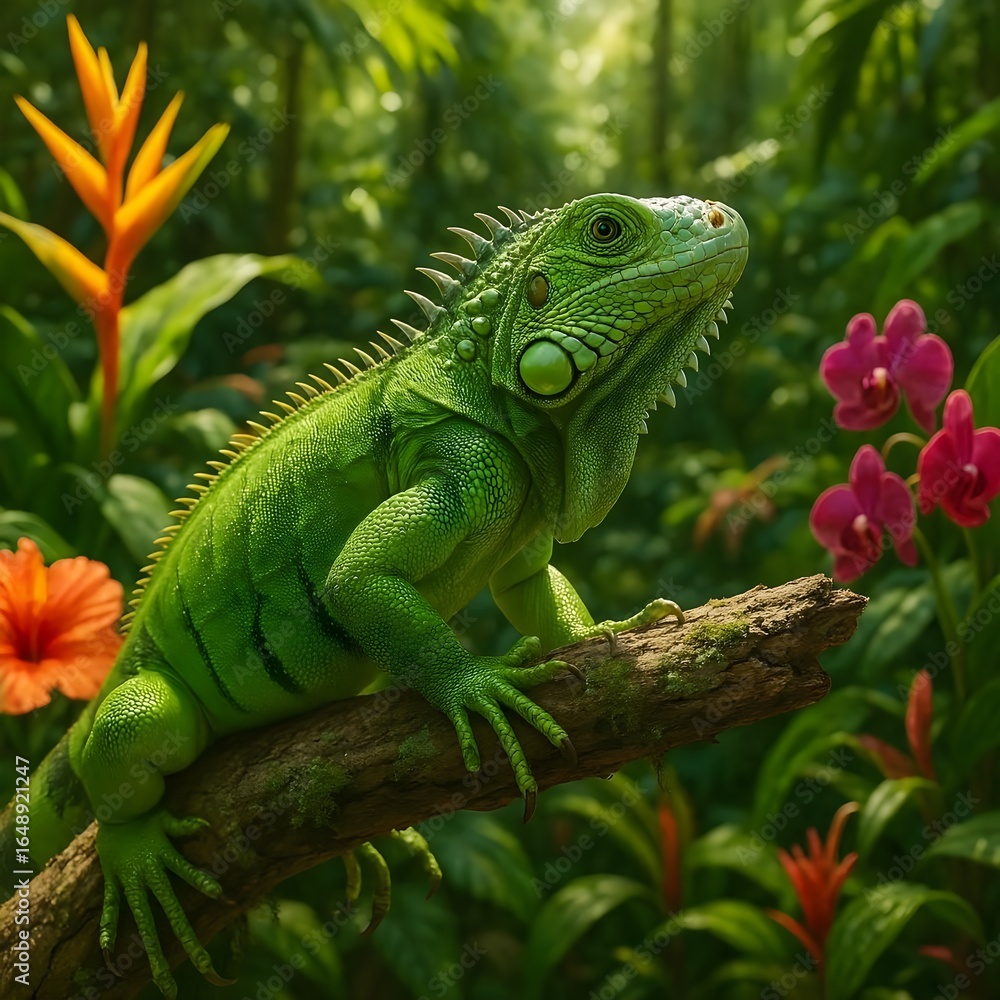 Fototapeta premium Vibrant green iguana basking on a branch surrounded by colorful orchids and lush jungle foliage, perfect for nature lovers and exotic wildlife projects