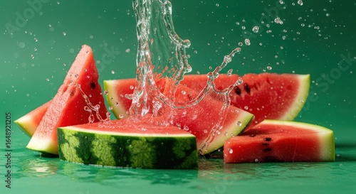 Fresh watermelon slices with water splash on a green background