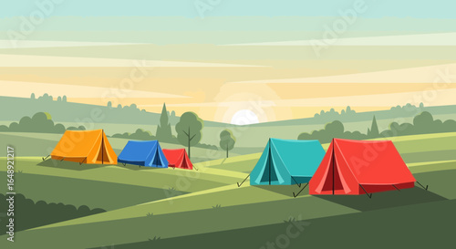 Camping Adventure At Sunrise Tents On Scenic Hillside Landscape Illustration