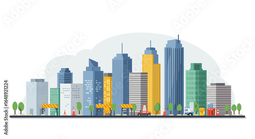 Modern urban cityscape with skyscrapers and trees in flat design