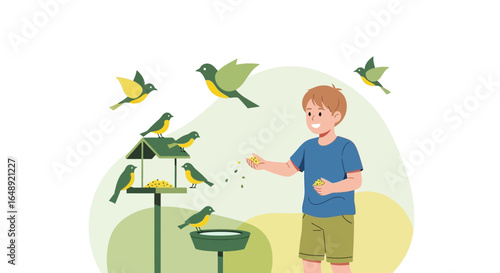 Boy Feeds Wild Birds Near a Birdhouse In Park On Summer Day