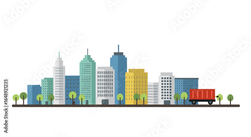 Flat urban cityscape with colorful buildings and trees