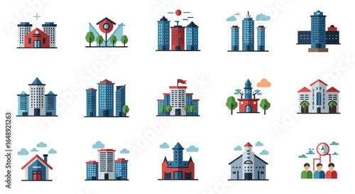 Modern flat design icons of diverse educational and office buildings