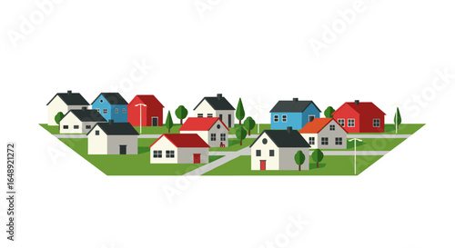 Charming neighborhood with colorful houses on green landscape