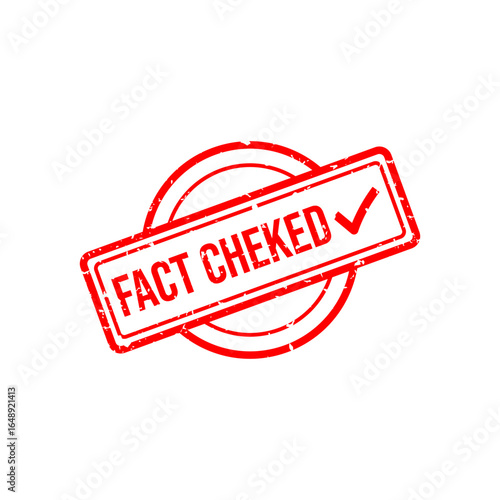 Red grungy fact checked stamp with tick mark. 