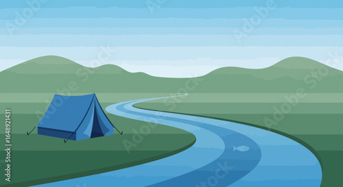 Camping Adventure By The River With Rolling Green Hills In Background