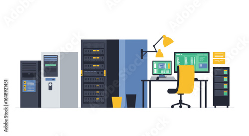 Modern data center with it infrastructure and workspace setup