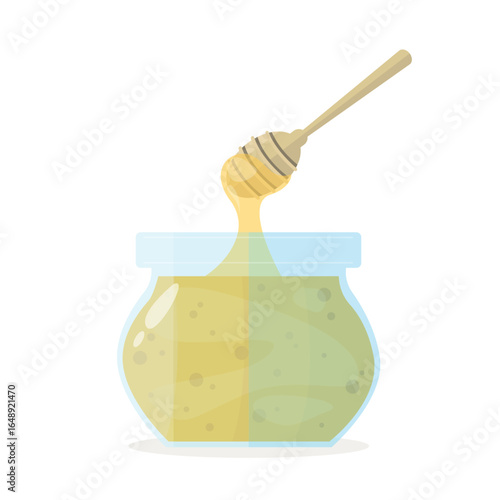 Icon of honey in a jar with a spindle spoon on a white background. Farm honey.