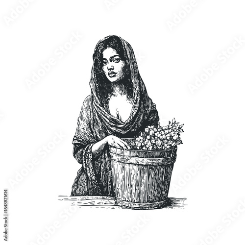 Traditional Woman with Woven Shawl and Bucket of Flowers