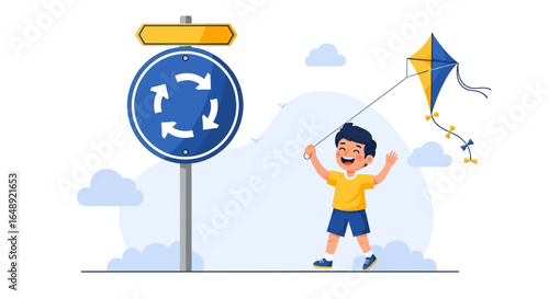 Boy Having Fun Flying Kite Next To Traffic Sign On Cloudy Landscape
