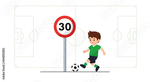 Boy In Uniform Kicks Ball Near Soccer Field With Speed Limit Sign