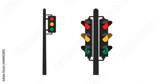 Colorful traffic signal with red, yellow, and green lights: front and side view