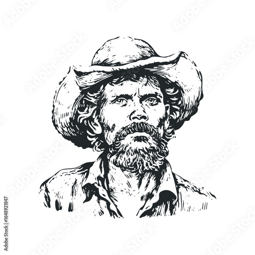 Roughly Drawn Man Wearing Wide-Brimmed Hat with Beard