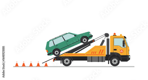 Flat style tow truck loading car with safety cones on a white background