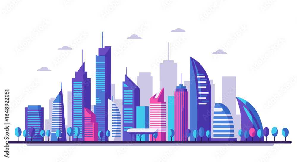 Fototapeta premium Modern cityscape with futuristic skyscrapers in flat design
