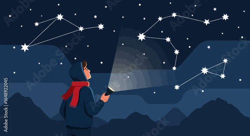 Boy Looking At Constellations In The Night Sky With A Flashlight