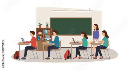Students learning in modern classroom with teacher and technology