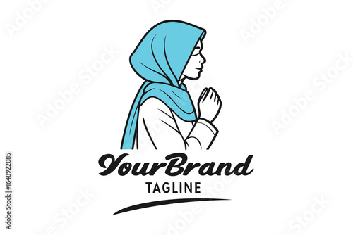 Graphic logo of a woman wearing a turquoise hijab praying with hands together muslim woman faith