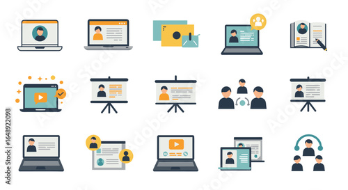 Diverse online communication and collaboration icon set in flat design